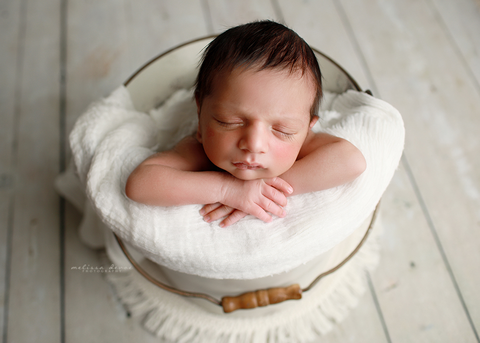 baby posed in bucket